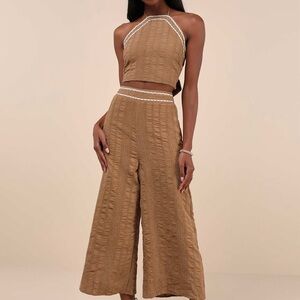 NWT Lulus Sunny Confidence Brown Textured Velvet Halter & Wide-Leg Pants Set